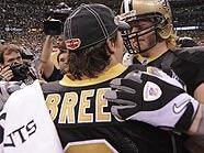New Orleans Saints Quarterback Drew Brees und Jeremy Shockey feiern den Super Bowl Triumph
