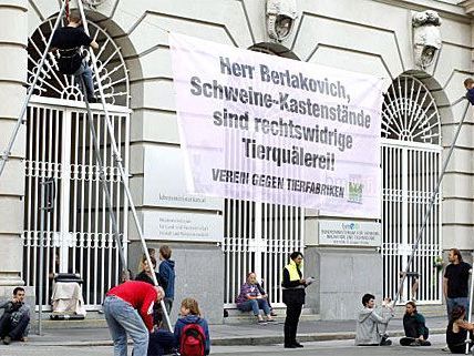 Die Tierschützer harrten sieben Stunden lang an der Landwirtschaftskammer aus Die Tierschützer harrten sieben Stunden lang an der Landwirtschaftskammer aus