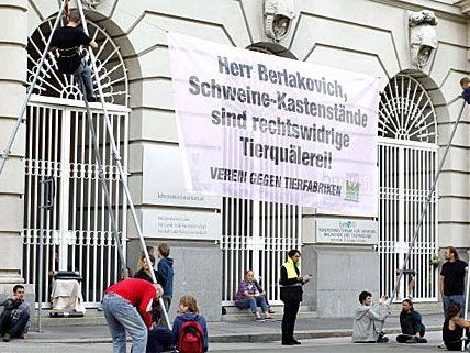 Aufruhr im Rathaus: Berlakovich wurde von Tierschützern bei seiner Rede gestoppt.