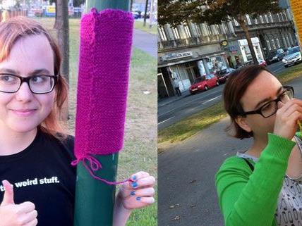 Urban Knitting-Fan Katja K. beim Yarn Bombing am Wiener Gürtel