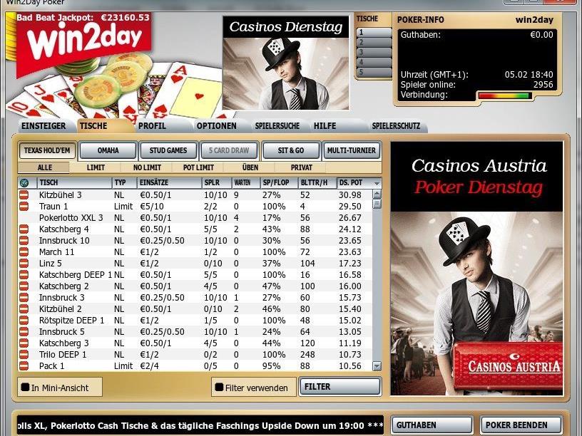 Screenshot „Der Casinos Austria Poker Dienstag auf win2day“