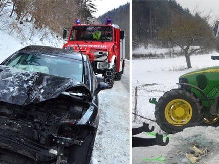 Unfall in Stixenstein mit zwei Verletzten / Traktor stieß gegen Pkw