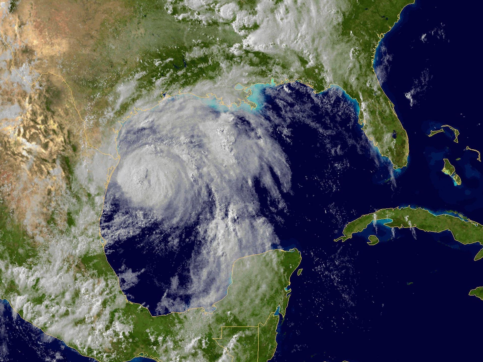 Von einem Wettersatelliten aus 36.000 Kilometern Höhe aufgenommenes Bild zeigt den Hurrikan "Dolly" im Golf von Mexiko.