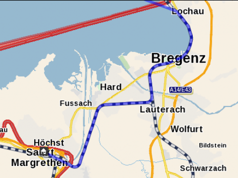 Der Weg der Bahn von Lochau über Bregenz, Hard, Lauterach, Wolfurt bis Lustenau.