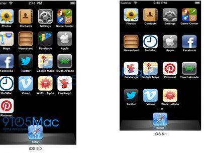 iOS6.0 (l.) zeigt deutlich eine zusätzliche Zeile für App-Icons im Vergleich zu iOS5.1(r.). iOS6.0 (l.) zeigt deutlich eine zusätzliche Zeile für App-Icons im Vergleich zu iOS5.1(r.).