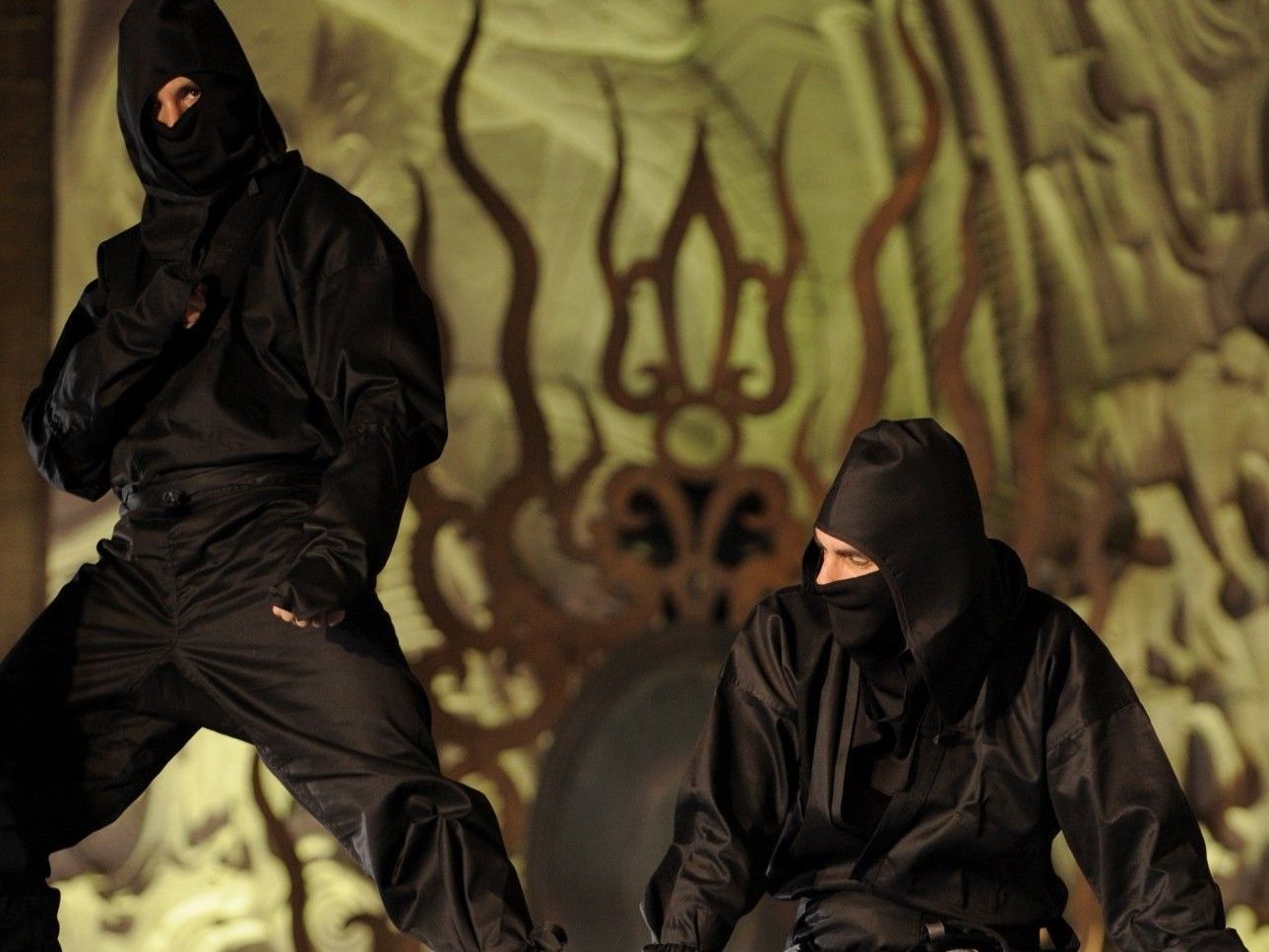 Ninjas kriechen während des Films durch die Reihen und ermahnen ungezogene Gäste. Ninjas kriechen während des Films durch die Reihen und ermahnen ungezogene Gäste.