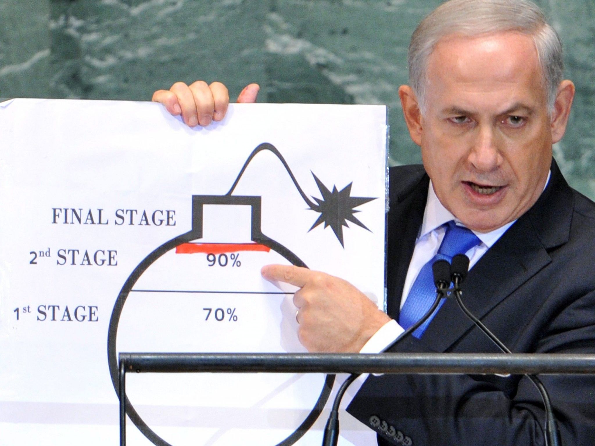 Dramatischer Auftritt von Israels Regierungschef bei UN-Generaldebatte. Dramatischer Auftritt von Israels Regierungschef bei UN-Generaldebatte.