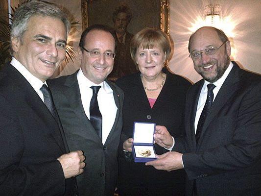 Werner Faymann, Francois Hollande, Angela Merkel und Martin Schulz bei der offiziellen Friedensnobelpreis-Verleihung am Montag in Oslo