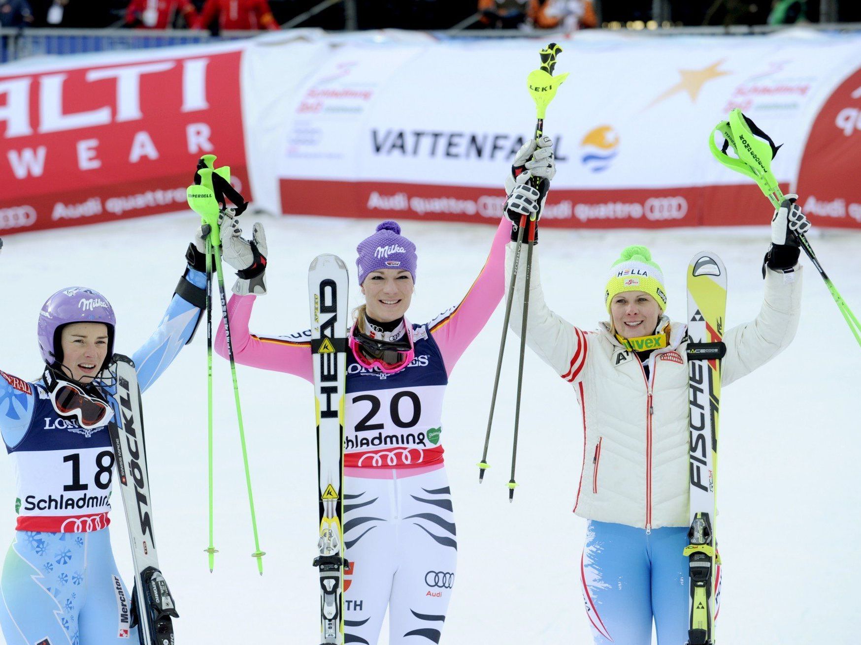 Super-Kombi in Schladming: WM-Gold für Maria Höfl-Riesch vor Tina Maze und Nicole Hosp. Super-Kombi in Schladming: WM-Gold für Maria Höfl-Riesch vor Tina Maze und Nicole Hosp.