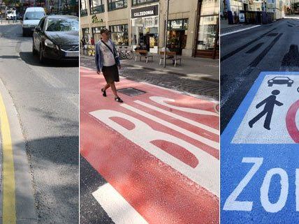 Gelbe Linien, eine Busspur, eine Begegnungszone - vieles ist neu auf der MaHü. Gelbe Linien, eine Busspur, eine Begegnungszone - vieles ist neu auf der MaHü.