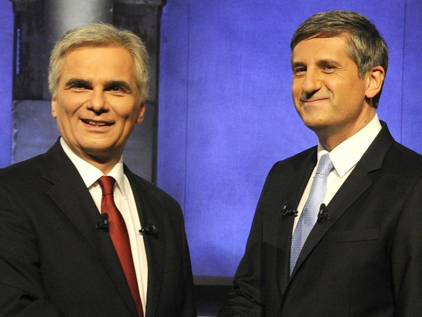 Werner Faymann und Michael Spindelegger trafen bei der ATV-TV-Konfrontation aufeinander. Werner Faymann und Michael Spindelegger trafen bei der ATV-TV-Konfrontation aufeinander.
