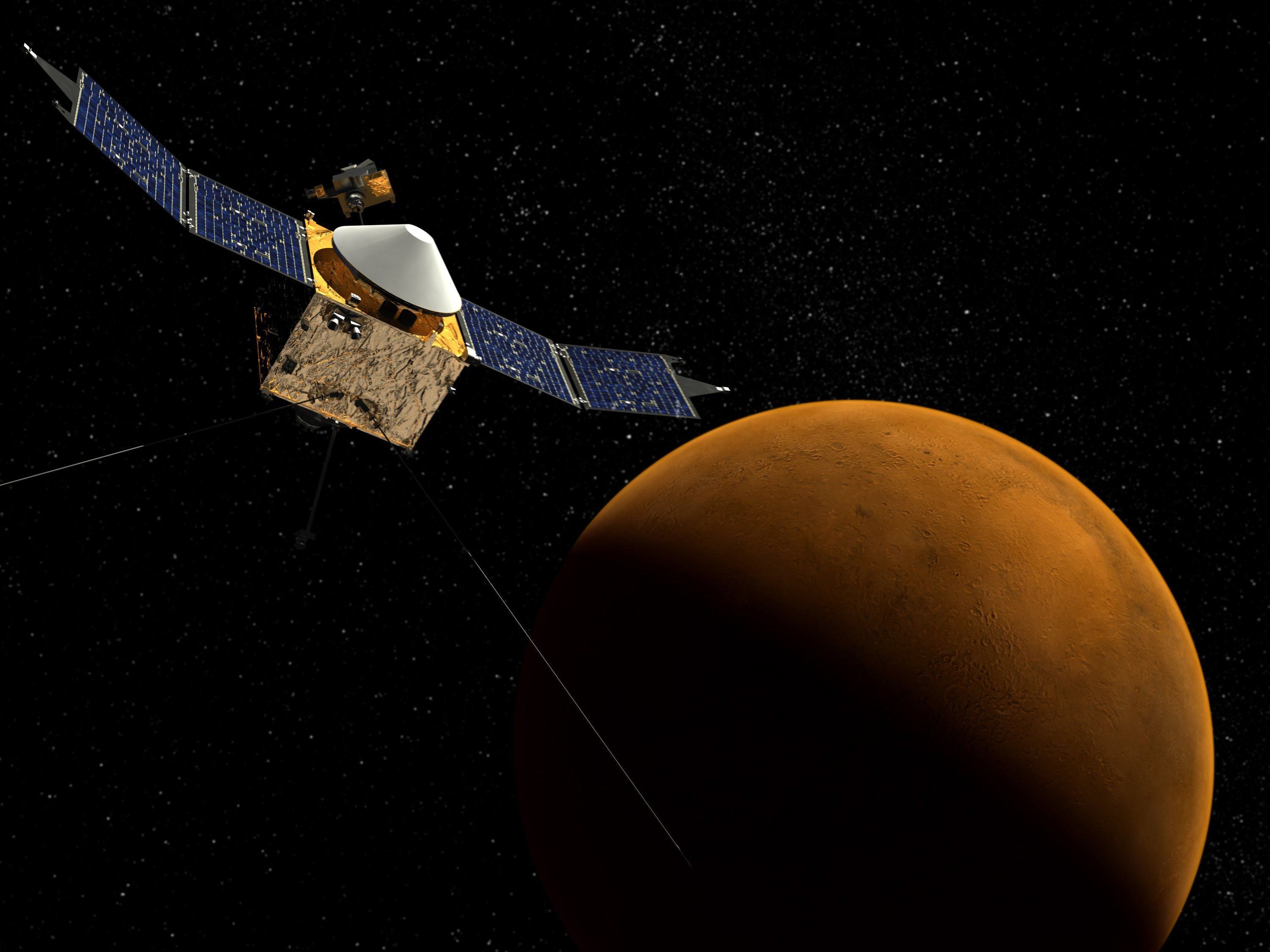 Undatiertes Computerbild zeigt die Marssonde «Maven» mit dem Planeten Mars im Hintergrund. Undatiertes Computerbild zeigt die Marssonde «Maven» mit dem Planeten Mars im Hintergrund.