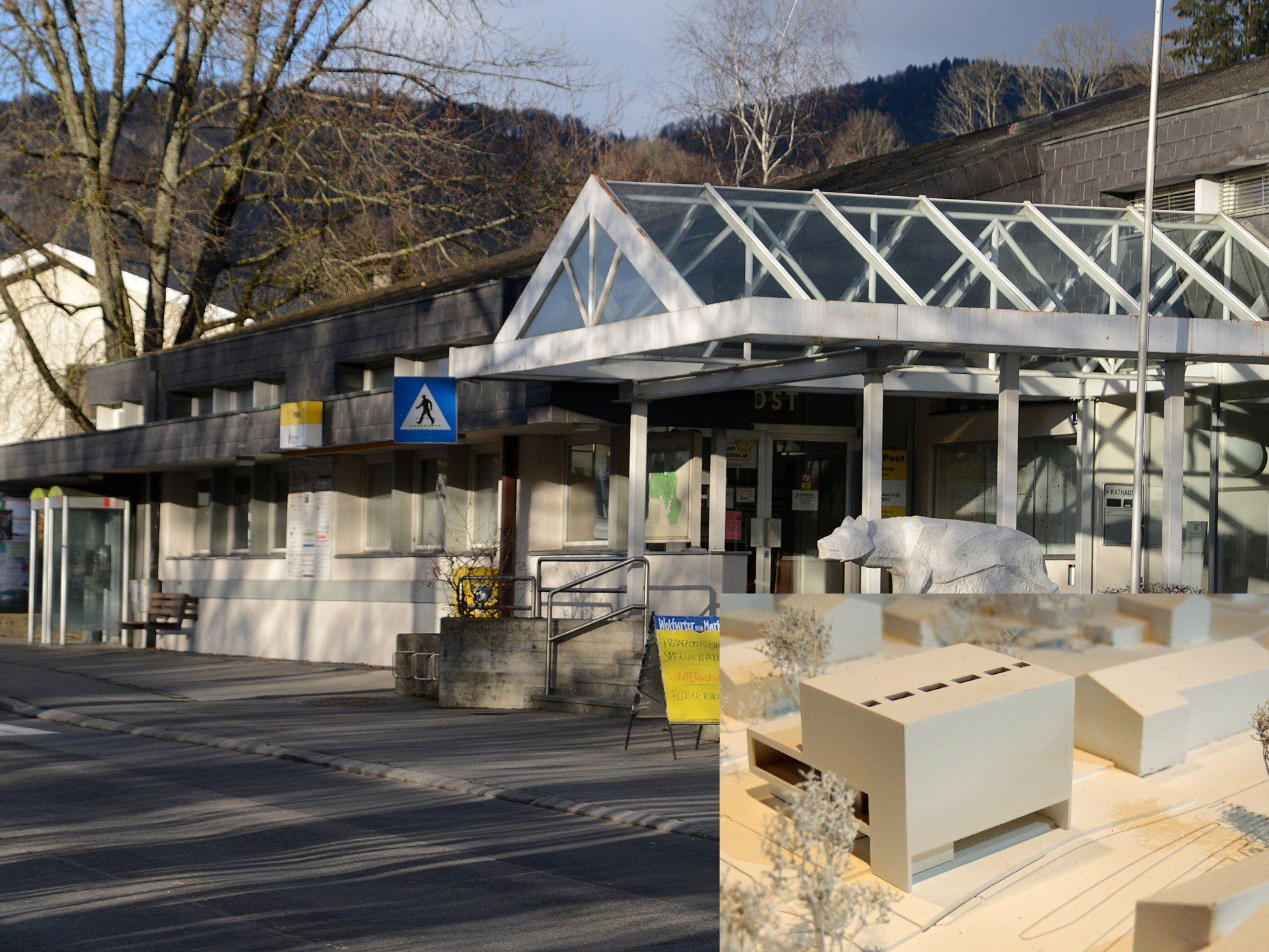 Anstelle der Post wird die neue Musikschule und Bibliothek (Modellfoto/kl. Bild) errichtet. Anstelle der Post wird die neue Musikschule und Bibliothek (Modellfoto/kl. Bild) errichtet.