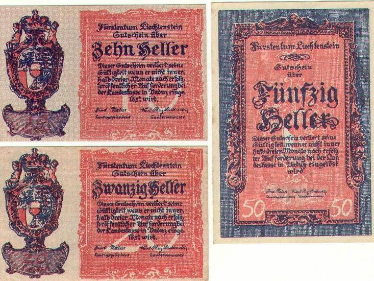 Das Bild zeigt die drei Liechtensteiner Notgeldscheine (Gutscheine) 10-, 20- und 50-Kronen Scheine die 1920 ausgegeben wurden