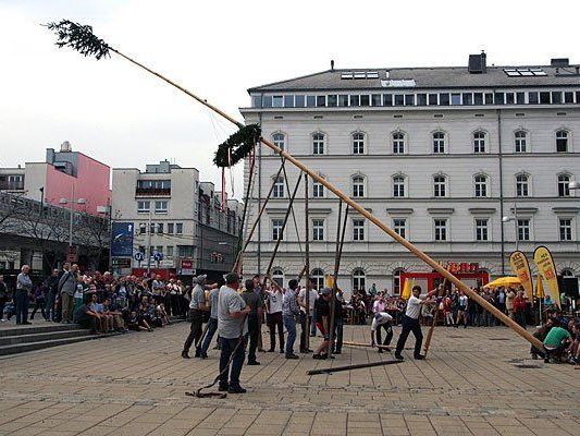 Eine Herausforderung, der man sich gemeinsam stellt: das Aufstellen des Maibaums Eine Herausforderung, der man sich gemeinsam stellt: das Aufstellen des Maibaums