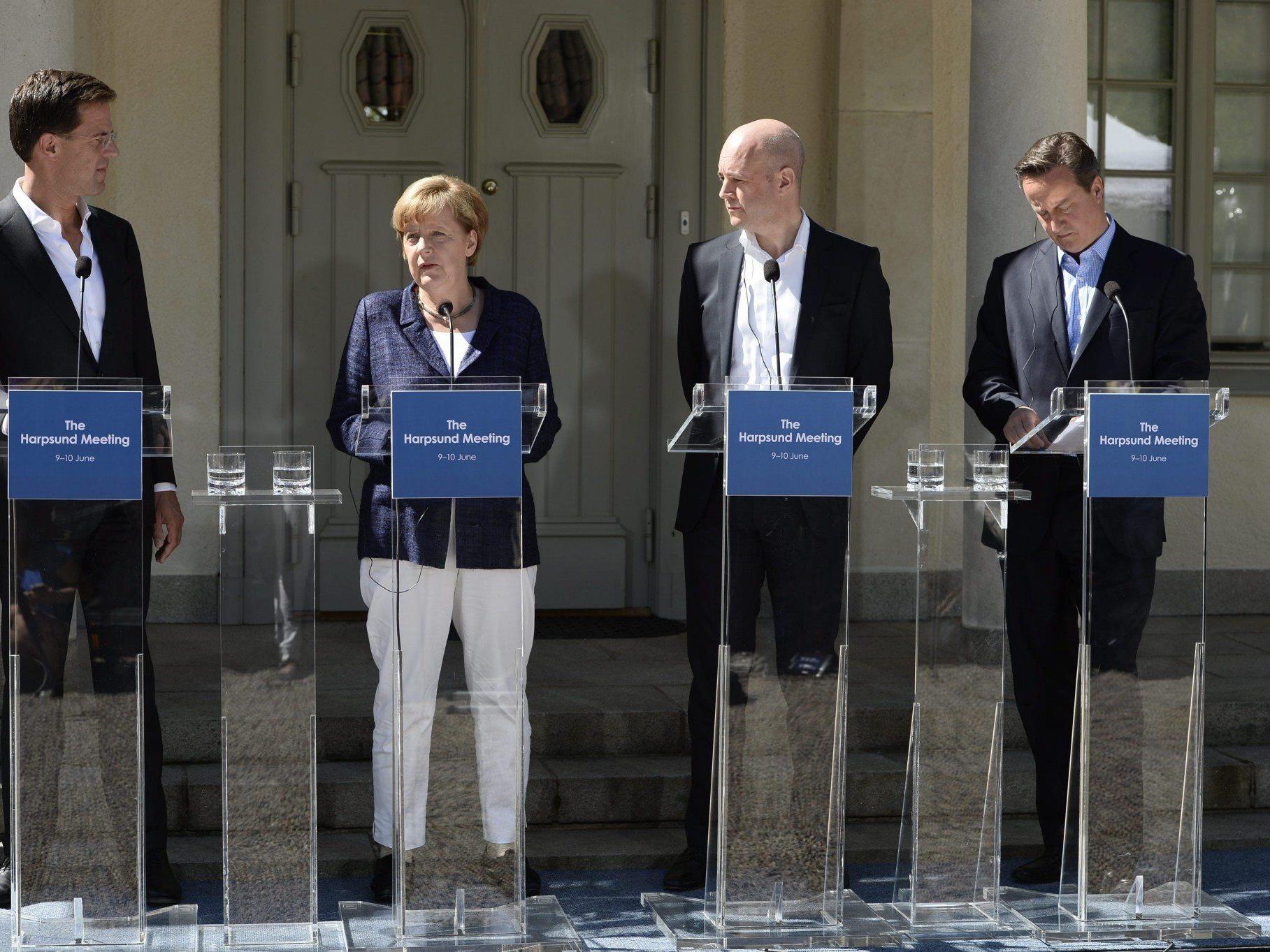 Die vier Regierungschefs in Schweden: Rutte (NL), Merkel (D), Reinfeldt (S) und Cameron (GB) (v.l.n.r.)