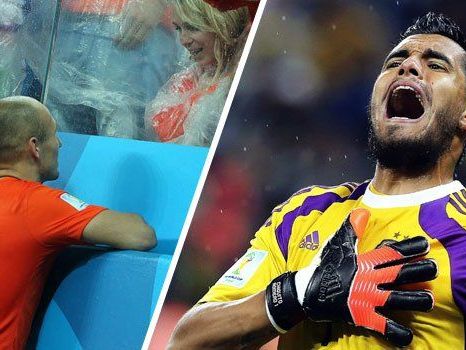 Arjen Robben bei Frau Bernadien, die den untröstlichen Sohn Luka im Arm hält. Rechts Sergio Romero, Argentiniens Held im Elfmeterschießen. Arjen Robben bei Frau Bernadien, die den untröstlichen Sohn Luka im Arm hält. Rechts Sergio Romero, Argentiniens Held im Elfmeterschießen.