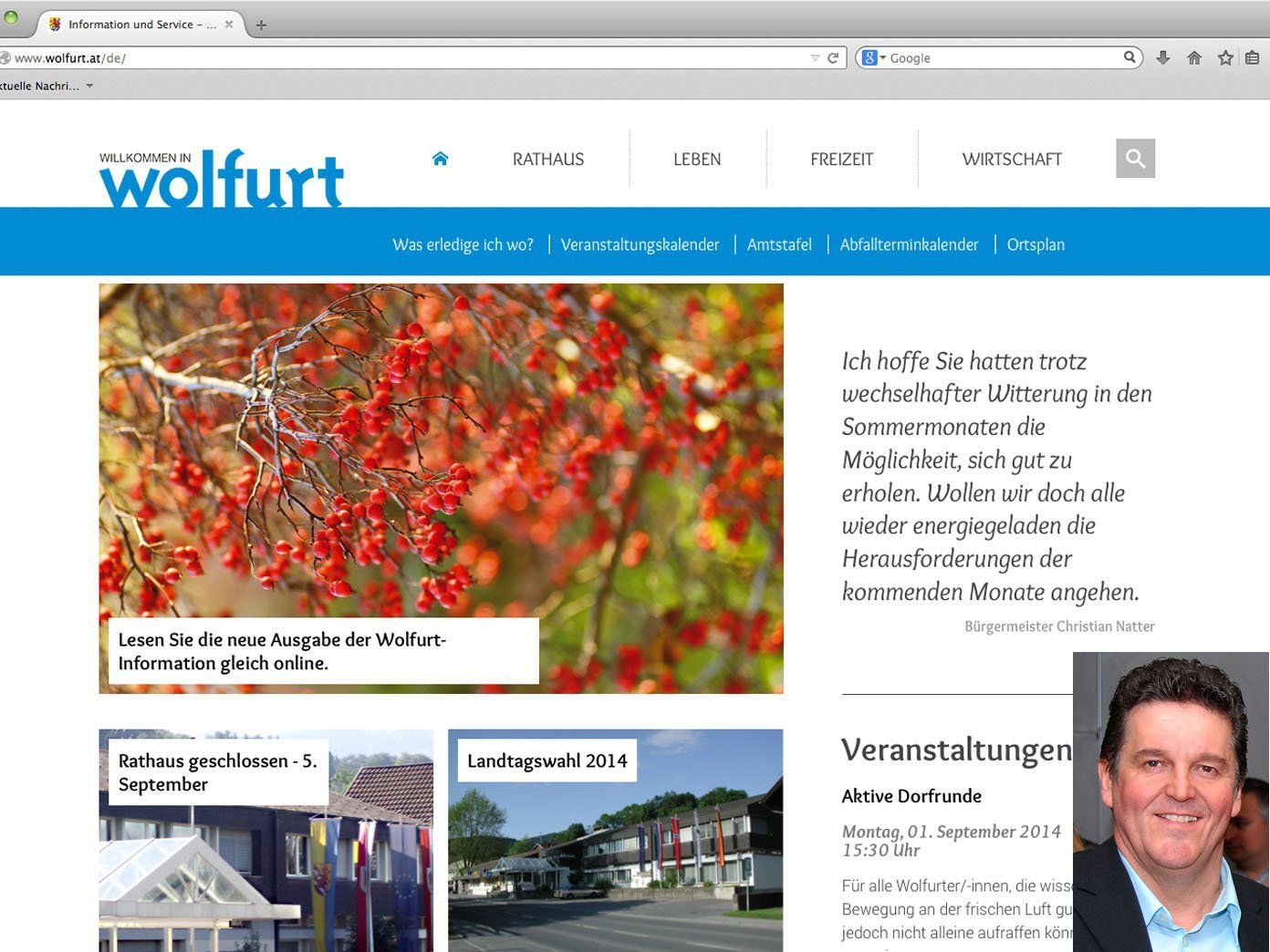 Wolfurts neue Homepage. Kleines Bild: Bgm. Christian Natter. Wolfurts neue Homepage. Kleines Bild: Bgm. Christian Natter.