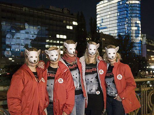 VIER PFOTEN Aktivistinnen mit Kimi-Masken vor der Projektion am Wiener Donaukanal VIER PFOTEN Aktivistinnen mit Kimi-Masken vor der Projektion am Wiener Donaukanal