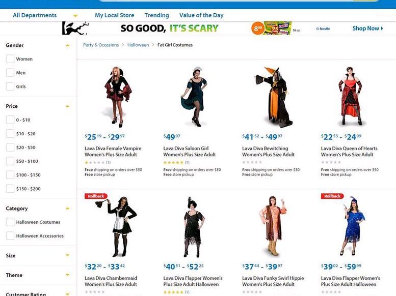 Walmart verkaufte "Fat Girl Costumes". Walmart verkaufte "Fat Girl Costumes".