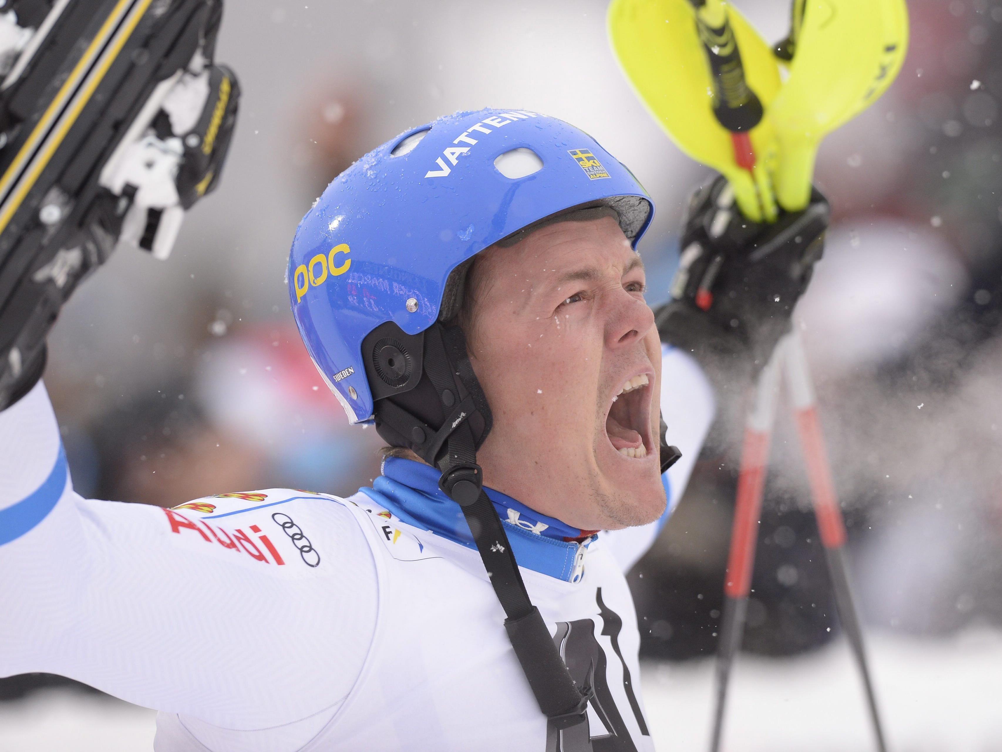 So freut sich jemand, der zum ersten Mal einen Weltcup-Slalom gewinnt: Der Schwede Mattias Hargin.