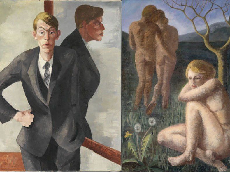 Selbstbildnis von Oswald Baer und sein Gemälde "Figuren in der Landachaft". Selbstbildnis von Oswald Baer und sein Gemälde "Figuren in der Landachaft".