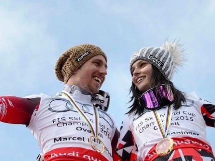 Marcel Hirscher und Anna Fenninger freuen sich über ihre Weltcup-Siege - und werden in Wien gefeiert