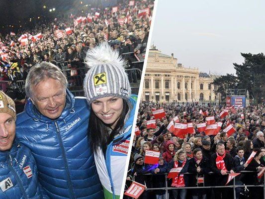 (v.l.) Marcel Hirscher (Ski Alpin), ÖSV-Sportdirektor Hans Pum und Anna Fenninger (Ski Alpin) wurden am Wiener Rathausplatz umjubelt