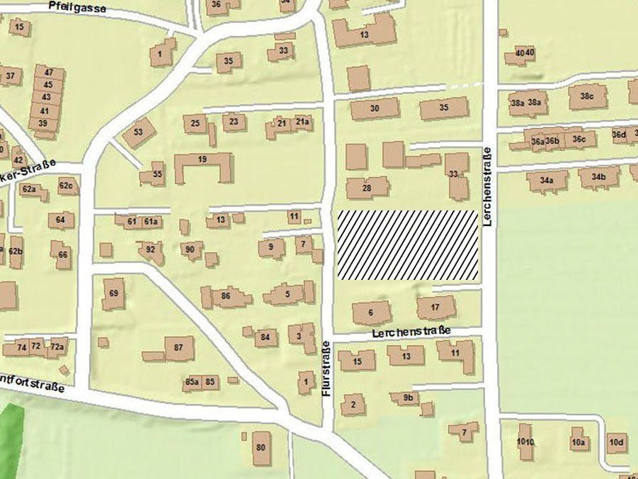 Hier an der Lerchenstraße (schraffierte Fläche) soll das neue Wohnbauprojekt umgesetzt werden. Hier an der Lerchenstraße (schraffierte Fläche) soll das neue Wohnbauprojekt umgesetzt werden.