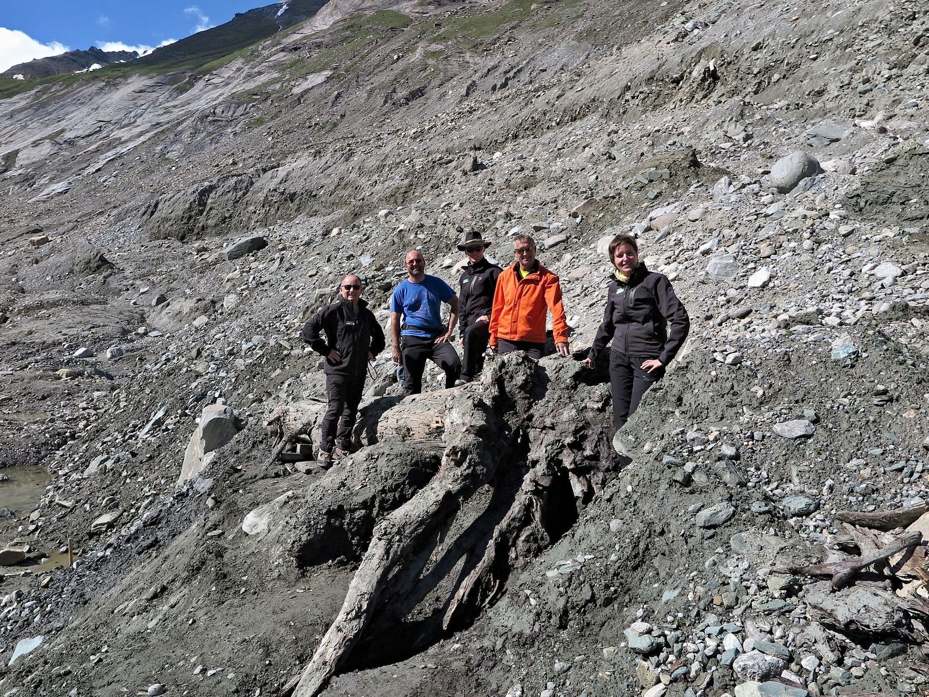 (v.l.n.r). Peter Rupitsch (Direktor Nationalpark Hohe Tauern Kärnten), Andreas Kellerer (Uni Graz), Konrad Mariacher (Nationalpark Ranger), Josef Rieger (Grossglockner Gletscherbahn) und Katharina Aichhorn (Nationalpark Hohe Tauern Kärnten) kurz vor der Bergung des sensationellen Fundstücks (v.l.n.r). Peter Rupitsch (Direktor Nationalpark Hohe Tauern Kärnten), Andreas Kellerer (Uni Graz), Konrad Mariacher (Nationalpark Ranger), Josef Rieger (Grossglockner Gletscherbahn) und Katharina Aichhorn (Nationalpark Hohe Tauern Kärnten) kurz vor der Bergung des sensationellen Fundstücks