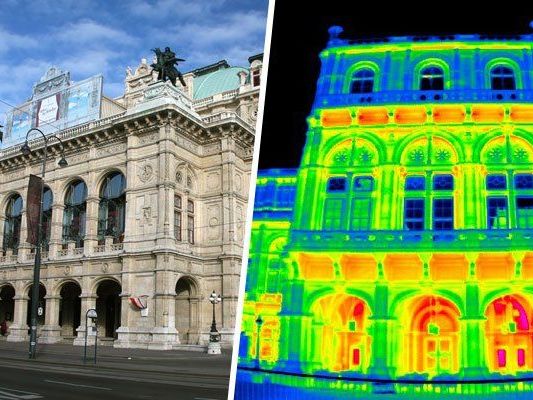 Das Wärmebild zeigt: Die Opern-Fenster wirken thermografisch wie Spiegel.