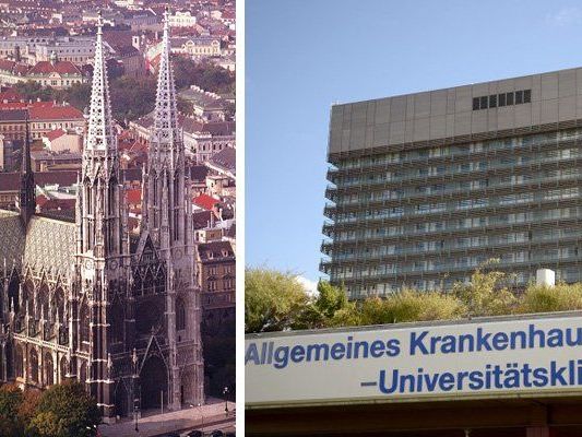 Zwei Wahrzeichen des Alsergrunds: Die Votivkirche und das AKH.