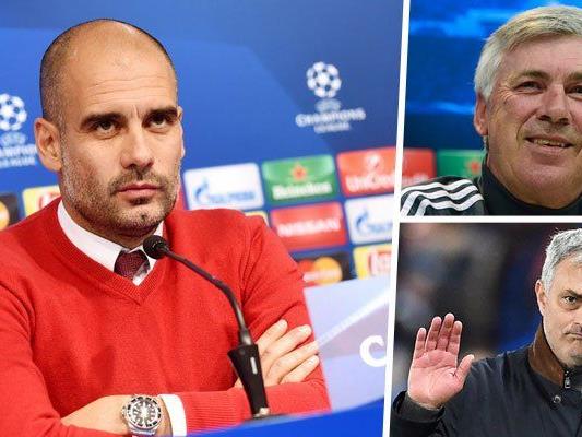 Trainerglücksrad: Während Ancelotti (r.o.) angeblich Guardiola bei den Bayern beerben soll, soll dieser angeblich der Nachfolger von Mourinho (r.u.) bei Chelsea werden.