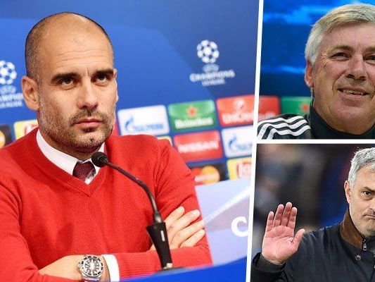 Trainerglücksrad: Während Ancelotti (r.o.) angeblich Guardiola bei den Bayern beerben soll, soll dieser angeblich der Nachfolger von Mourinho (r.u.) bei Chelsea werden. Trainerglücksrad: Während Ancelotti (r.o.) angeblich Guardiola bei den Bayern beerben soll, soll dieser angeblich der Nachfolger von Mourinho (r.u.) bei Chelsea werden.