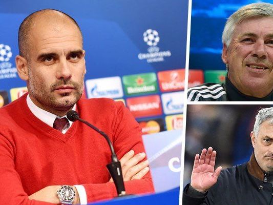 Trainerglücksrad: Während Ancelotti (r.o.) angeblich Guardiola bei den Bayern beerben soll, soll dieser angeblich der Nachfolger von Mourinho (r.u.) bei Chelsea werden.