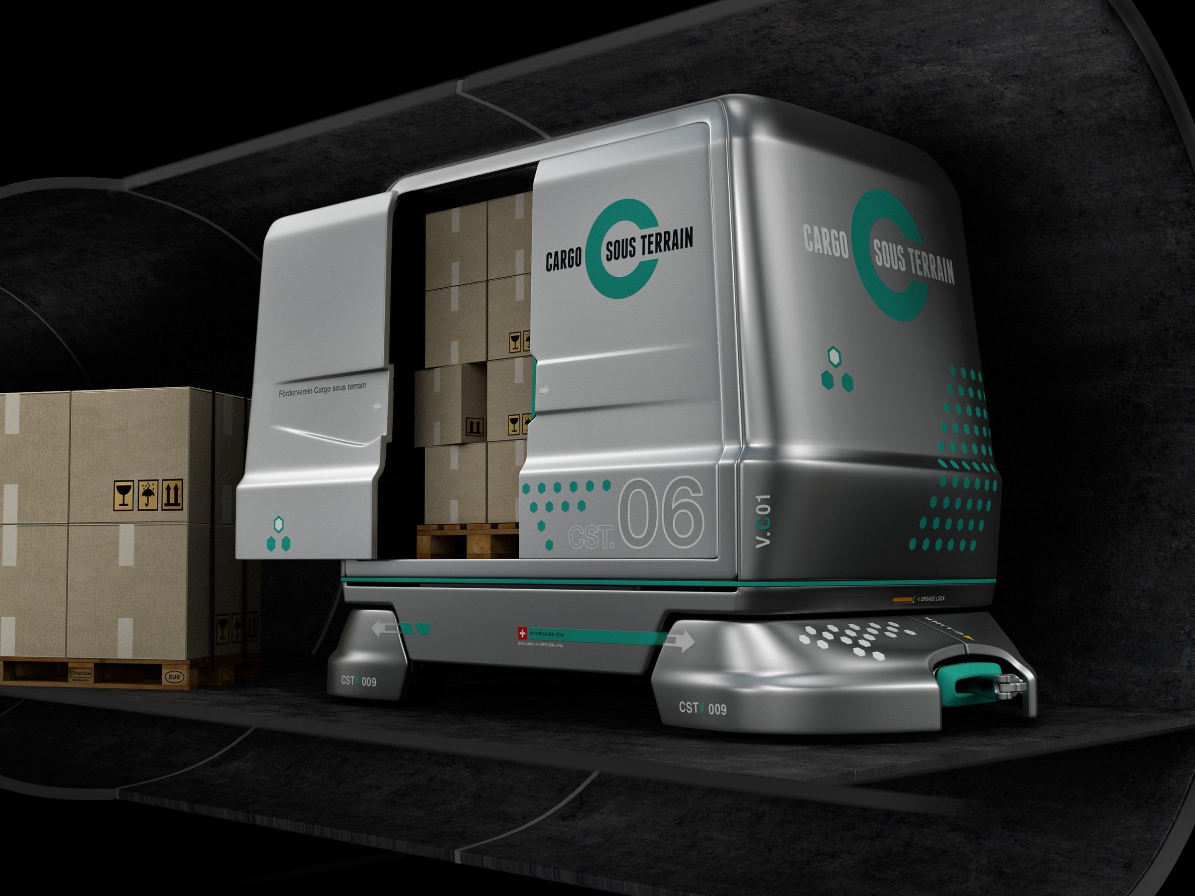 Cargo sous terrain Fahrzeuge transpo r- tieren Waren durch den Tunnel. Cargo sous terrain Fahrzeuge transpo r- tieren Waren durch den Tunnel.