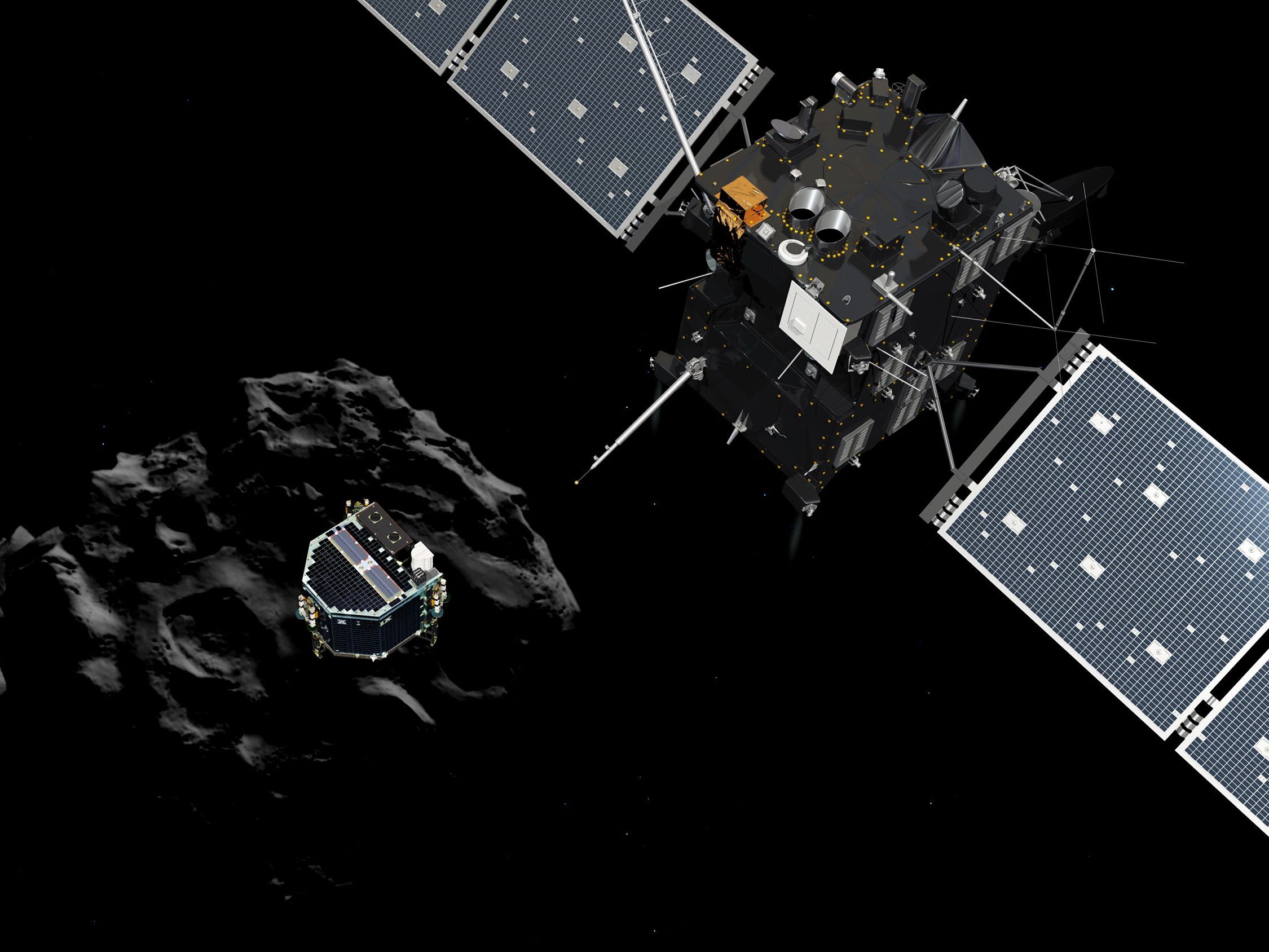 Kometen-Jägerin "Rosetta" hatte sich 2004 auf den Weg gemacht und das Mini-Labor "Philae" an Bord zu "Tschuri" gebracht. Kometen-Jägerin "Rosetta" hatte sich 2004 auf den Weg gemacht und das Mini-Labor "Philae" an Bord zu "Tschuri" gebracht.