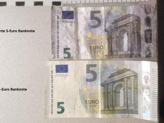 Die, in Wien-Favoriten gefundene, gefälschte 5-Euro-Banknote.