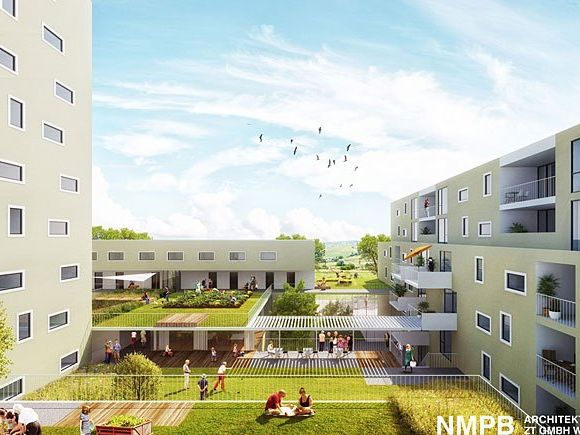 Eine computergenerierte Visualisierung eines geplanten neuen Gemeindebaus auf dem früheren AUA-Gelände in Favoriten in der Fontanastraße in Wien Eine computergenerierte Visualisierung eines geplanten neuen Gemeindebaus auf dem früheren AUA-Gelände in Favoriten in der Fontanastraße in Wien