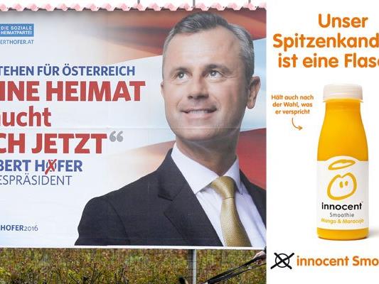Die neuen Innocent-Sujets hängen teils Seite an Seite mit Wahlkampf-Plakaten der verschiedenen BP-Wahl-Kandidaten