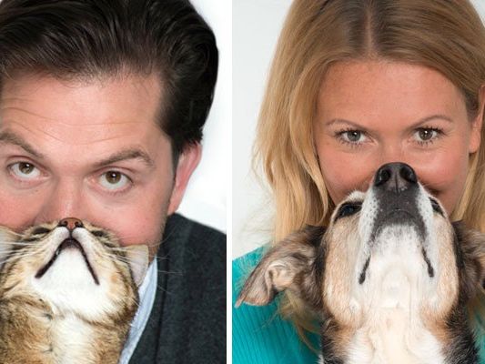 Zeigen Schnauze: Daniel Serafin und Kater Harry sowie Angelika Niedetzky und Hündin Rosa Zeigen Schnauze: Daniel Serafin und Kater Harry sowie Angelika Niedetzky und Hündin Rosa