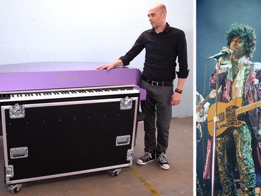 Jung-Unternehmer Mario Aiwasian mit dem für Pop-Ikone Prince (r.) hergestellten Piano
