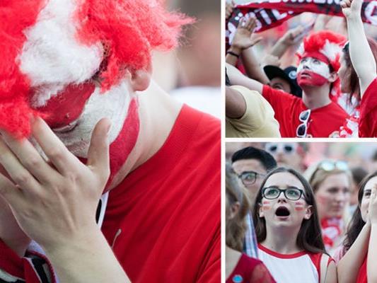 Schock bei den Österreich-Anhängern in der Fanzone am Rathausplatz in Wien während des Euro-Spiels zwischen Island und Österreich in Frankreich