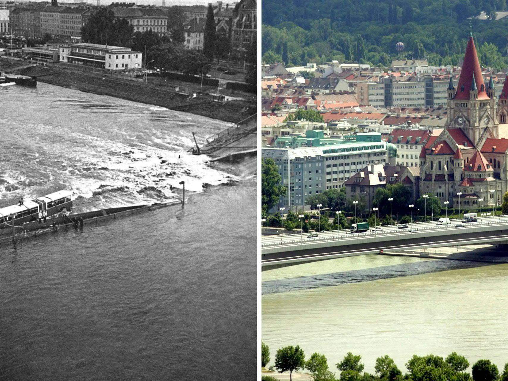 Die Wiener Reichsbrücke nach ihrem Einsturz und heute.