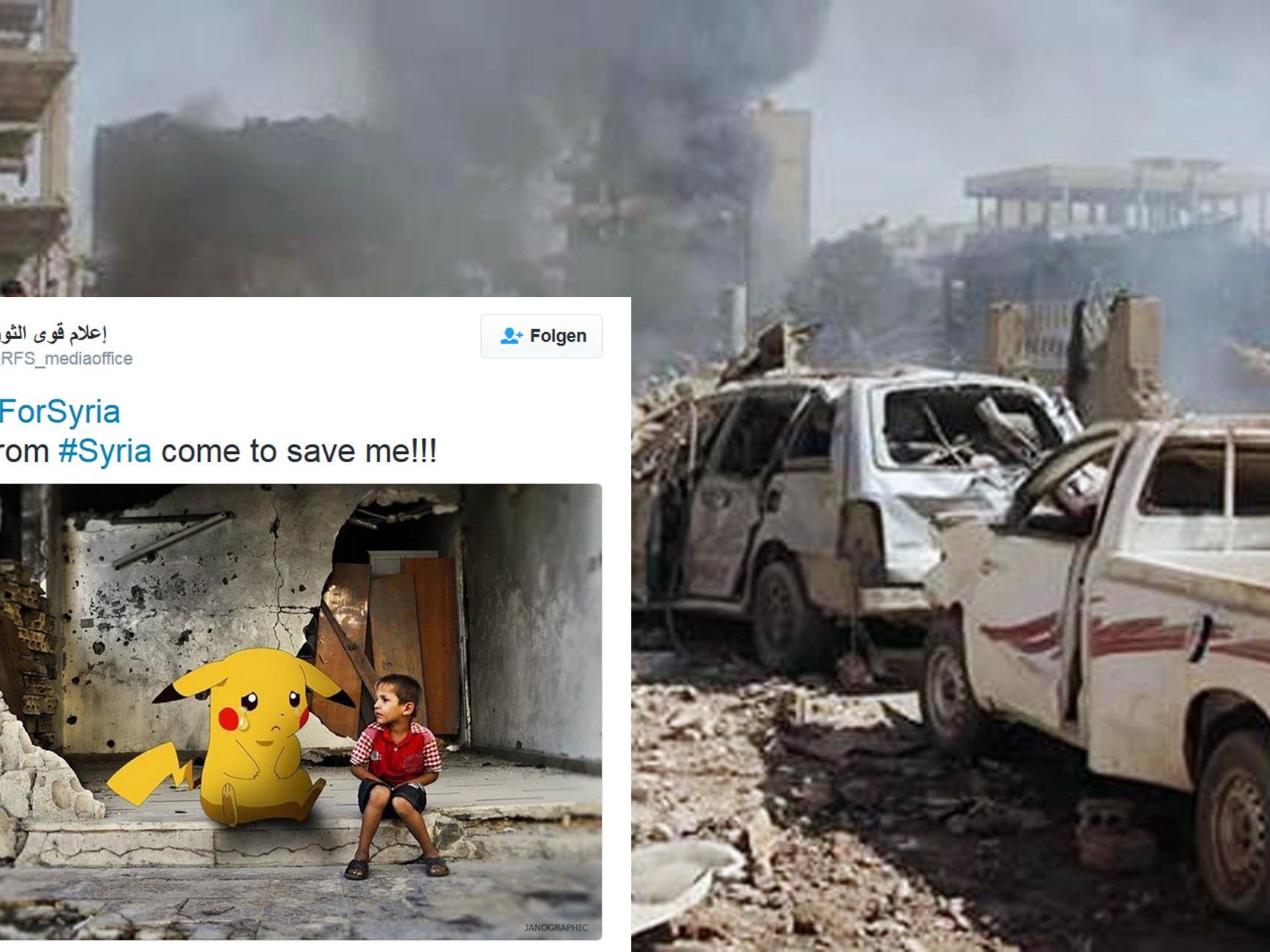 Syrische Kinder starten bewegende Aufrufe mit Pokémon-Abbildungen.