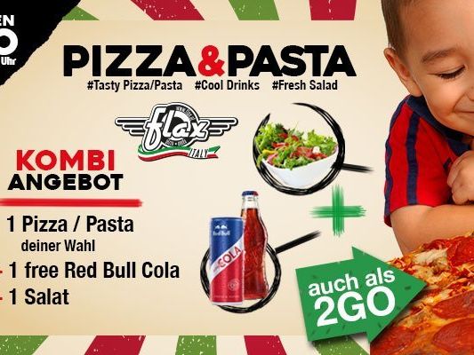 Im September & Oktober: Jeden Montag ab 17 Uhr gibt es bei der Auswahl einer Pizza oder Pasta ein Red Bull Cola sowie einen Salat dazu – for free! Im September & Oktober: Jeden Montag ab 17 Uhr gibt es bei der Auswahl einer Pizza oder Pasta ein Red Bull Cola sowie einen Salat dazu – for free!