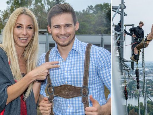 Bungeejumping in der Tracht, vom höchsten Turm Wiens.