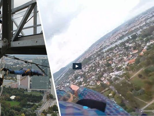 Beim Bungee Jumping vom Wiener Donauturm.