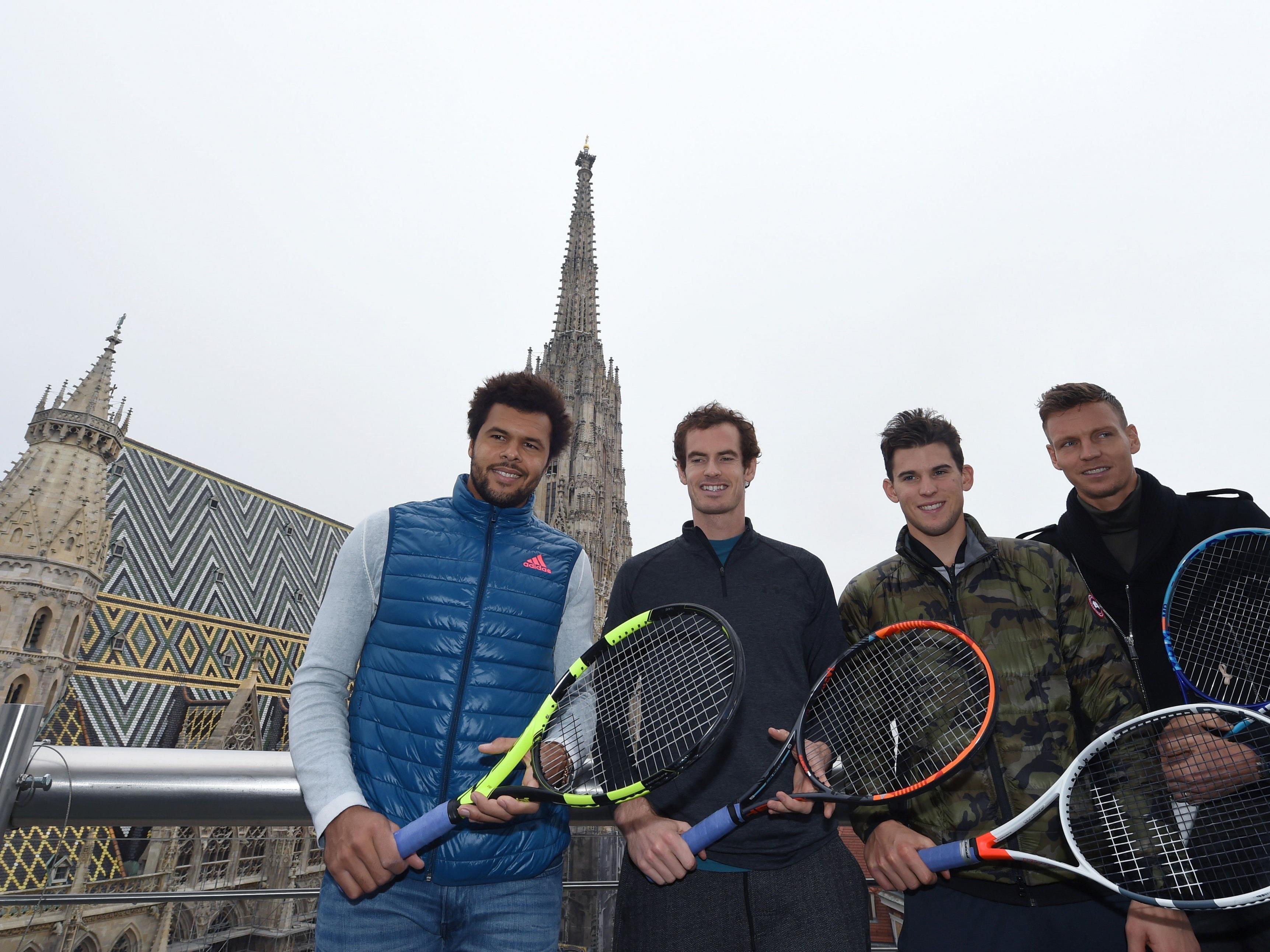 v.l.: Jo-Wilfried Tsonga, Andy Murray, Dominic Thiem und Tomas Berdych im Rahmen der Erste Bank Open "Tie Break Tens" in Wien