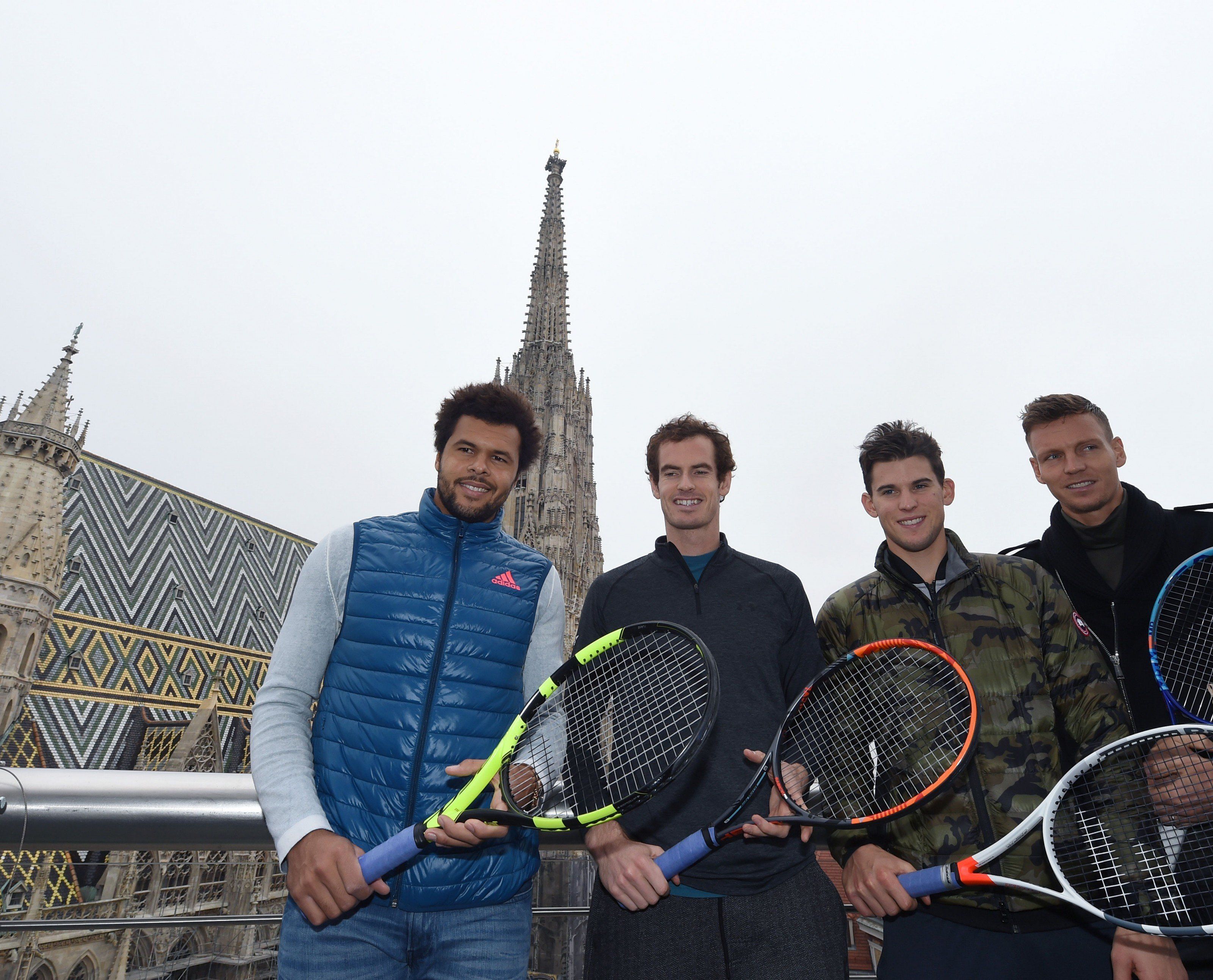 v.l.: Jo-Wilfried Tsonga, Andy Murray, Dominic Thiem und Tomas Berdych im Rahmen der Erste Bank Open "Tie Break Tens" in Wien v.l.: Jo-Wilfried Tsonga, Andy Murray, Dominic Thiem und Tomas Berdych im Rahmen der Erste Bank Open "Tie Break Tens" in Wien